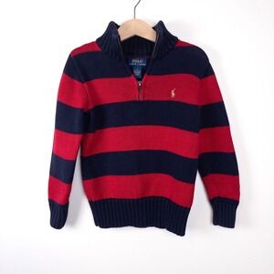 Polo‎ Ralph Lauren Striped Quarter Zip Sweater Knit Red Navy Boys Size 5